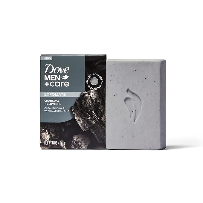 DOVE MEN + CARE Cleansing Bar Soap Charcoal + Clove Oil to Rebuild Skin in the Shower,a 4in1 Hair,Body,Face & Shaving Bar with Plant-Based Cleanser and Natural Oils 5 oz,(Pack of 8)