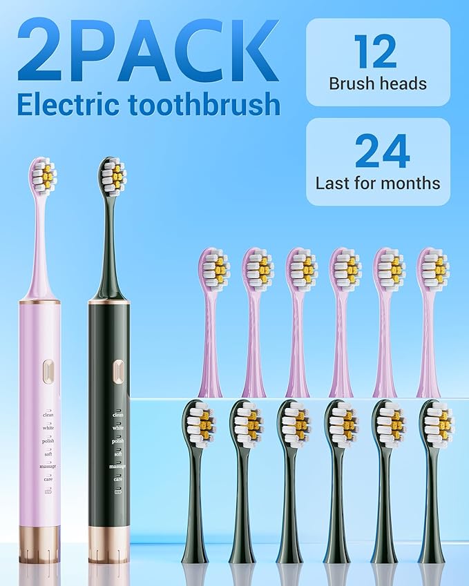 Sonic 2 Pack Electric Toothbrush for Adults and Kids, Travel Toothbrush Includes 12 Replacement Toothbrush Heads, 6 Modes with 2 MIN Smart Timer (Purple, Green)