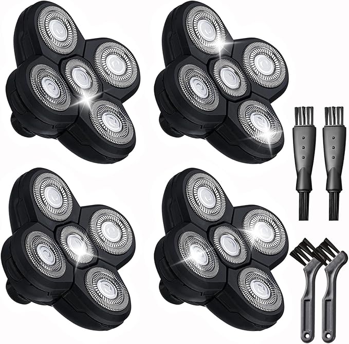 4 Pack Head Shaver Replacement Blades, 5 Blades Shaver Replacement Heads for Bald Men Universal Head and Face Electric Razor Kit with 4 Cleaning Brush