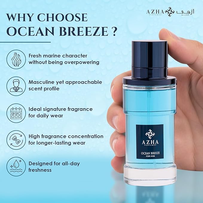 Ocean Breeze Eau De Parfum Men Spray 100ML (3.38 OZ) Arabian Perfume for Men Aromatic Fougere Notes Of Lemon, Mandarin And Musk, Long Lasting Perfume For Men, Luxurious Fragrance