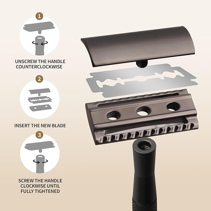 Gearhub Double Edge Safety Razor Stainless Steel Metal Reusable Wet Shaving Razor with 10 Swedish Platinum Blades for Men Women Barber Bikini Armpit Hair, Matte Black GRB3G