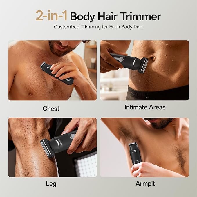 PRITECH Body Hair Trimmer for Men, Dual-Head Public Trimmer & Foil Shaver - Waterproof Electric Razor for Men Wet/Dry Groomer, USB-C Rechargeable Ball Shaver with Ceramic Blades & Travel Lock, Black