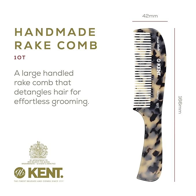 Kent 10T TW Large Detangler Comb, Handmade Wide Tooth Comb for Curly Thick Hair, Detangling Combs For Wet and Dry Hair, Saw-Cut and Hand Polished Made in England