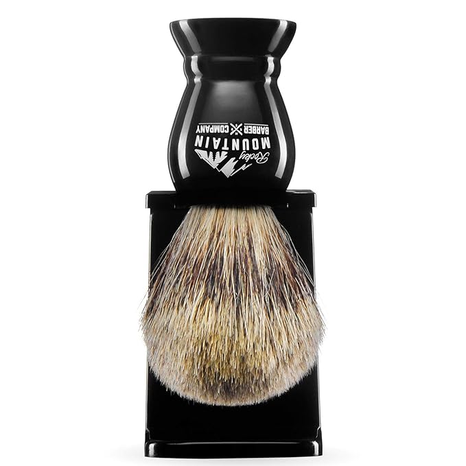 Shaving Brush with Stand - Rocky Mountain Barber Pure 100% Best Badger Hair Barber Grade with Black Heavy Duty All-Resin Handle and Oversized Bristle Head For Better Shaving Cream Lather
