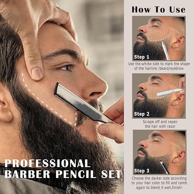 Noerrors 12Pcs Barber Pencil Set Hairline Enhancement Pencils Kit for Lineup Magic Beard Shaping Beard Guide Pen with Sharpener Barber Chalk for Beard Makeup Design for Men White Black Tan