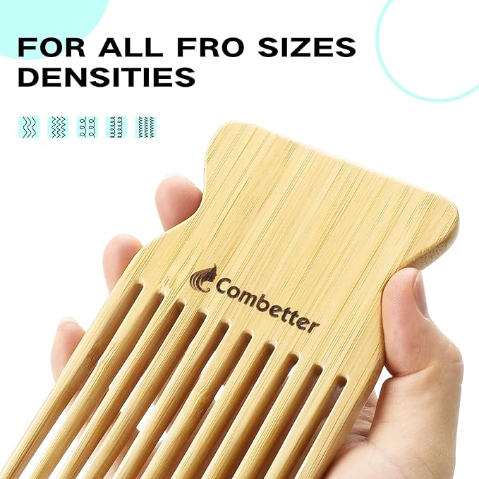 Combeter Bamboo Hair Pick Comb for Thick Curly Hair & Beard – Eco-Friendly Anti Static Afro Pick Wooden Comb for Detangling & Styling for Men, Women & Kids