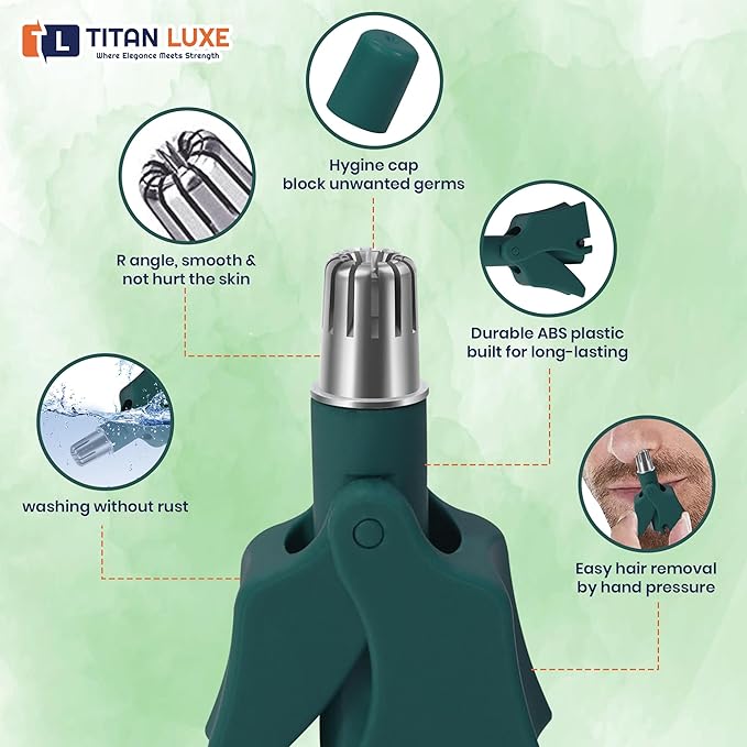 Stainless Steel Hair Trimmer for Men and Women | Manual Nose and Ear Hair Trimmer | Nose Clippers, 360° Rotating Hair Trimmers | Washable Nose Hair Remover | Green