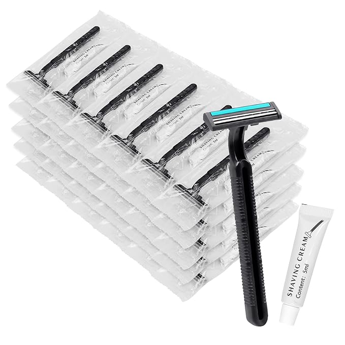 Disposable Razors in Bulk, Bulk Razors with Knife Cap, Black, Individually Packaged Disposable Razors Bulk with Shaving Cream for Hotels, Nursing Homes, Shelters, Homeless, Charities (pack-50)