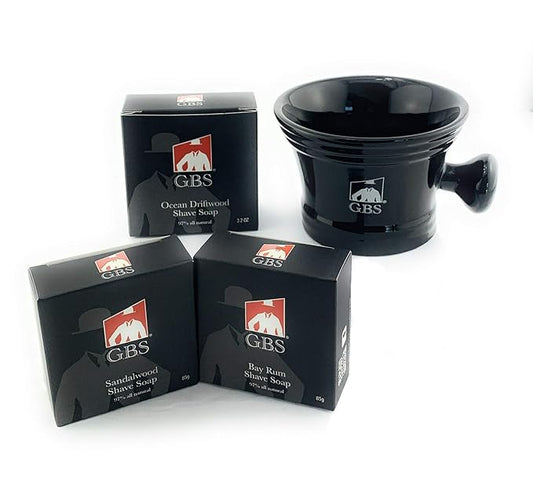 G.B.S Natural Shaving Soap kit- Black Shaver Mug Beard Care, All-Natural Shaving Soaps Healthy Beard for Men’s Grooming Mug Fits up to 4 oz Sandalwood, Cedar Pine Shaving Soap 85g Each Soap