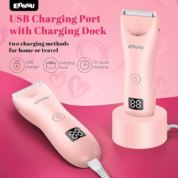 Bikini Trimmer for Women - 2 in 1 Pubic Hair Trimmer IPX7 Waterproof, Razors for Women with LED Light & USB Charge, Painless Electric Shaver with Ceramic Blade for Bikini Legs Arm Underarm