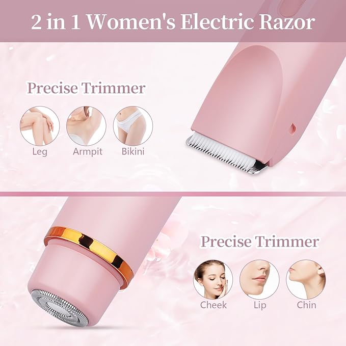Ladies Electric Razor, 2 in 1 Dual Head Shaver Women, Bikini Trimmer for Women Personal Body Face Leg Arm Hair USB Charge Waterproof Wet and Dry (Pink)