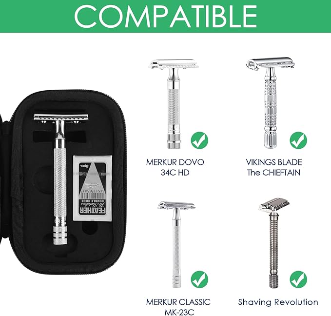 Linkidea Hard Travel Case Compatible with Vikings, Merkur, Shaving Revolution Double Edge Safety Razor, Storage Box Organizer for Safety Razor & Shaving Attachments (Lychee Vegan Leather), Black,