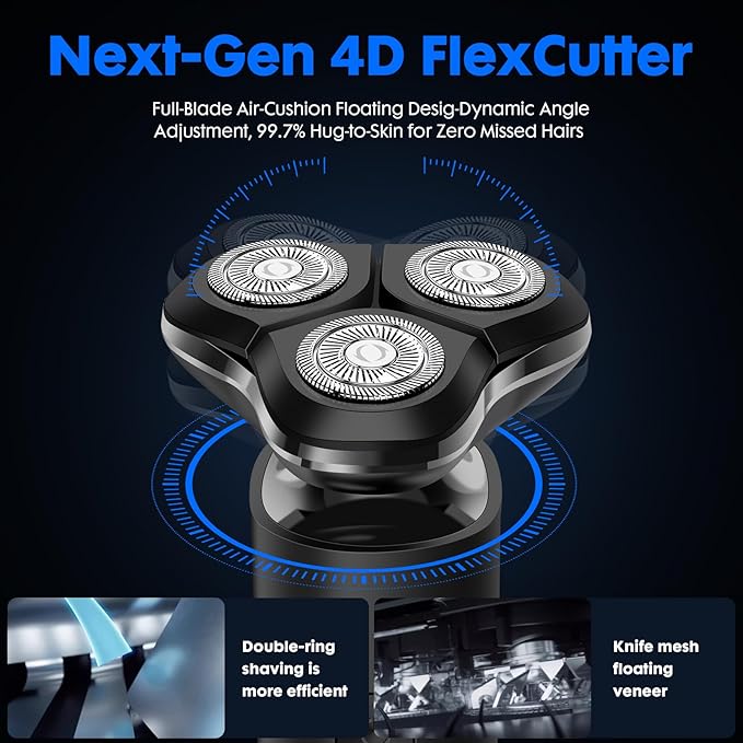 Black Electric Razor for Men with 3-Blade Rotary System, Touch Switch, LED Display, Travel Lock