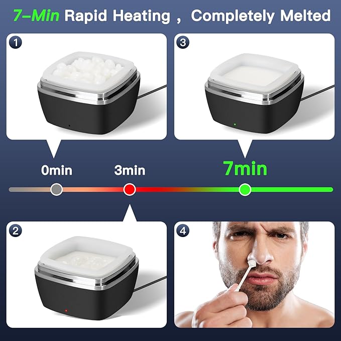 Nose Wax Kit Men, 100g Nose Hair Wax Kit with 40 Applicators (30-40 Uses)，Nose and Ear Hair Removal, 7-Min Charging and Fast Heating, 2 Silicone Liner, Smart Constant Temperature, Multi-Accessories