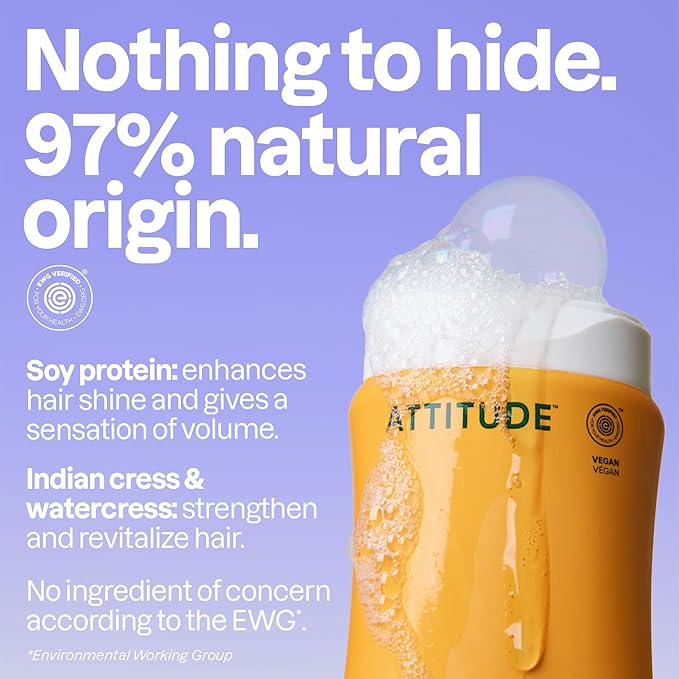 ATTITUDE Volume and Shine Hair Shampoo, EWG Verified, For Thin Hair, Naturally Derived Ingredients, Vegan, Plant Based, Soy Protein & Cranberries, 8 Fl Oz