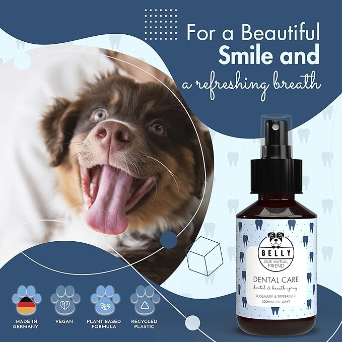Belly Dog Breathe Freshener for Bad Breath - Fresh Mint - Eliminates Bad Breath, Plaque & Tartar Build-Up - No Rinse, No Brush - Dog Breath Spray with Aloe Vera and Grape Fruit - Made in Germany, 3oz