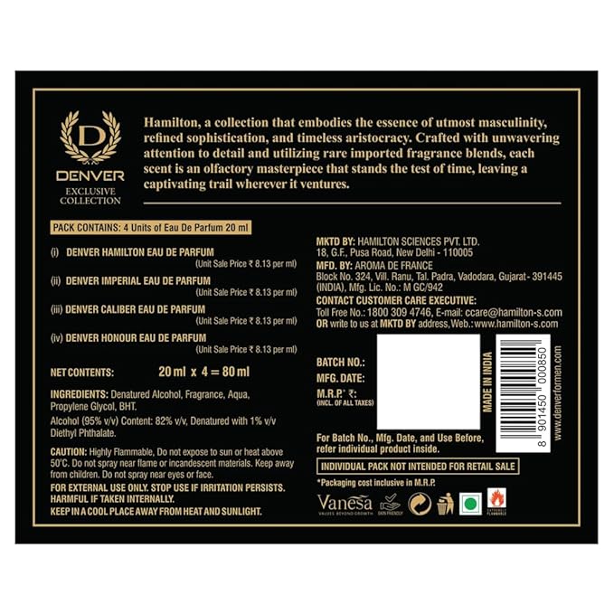 Denver Hamilton Luxury Gift Set for Men, 4 x 0.68 Fl Oz Eau de Parfum Collection | Hamilton, Caliber, Imperial and Honour | Long-Lasting Fragrance and Odor Protection