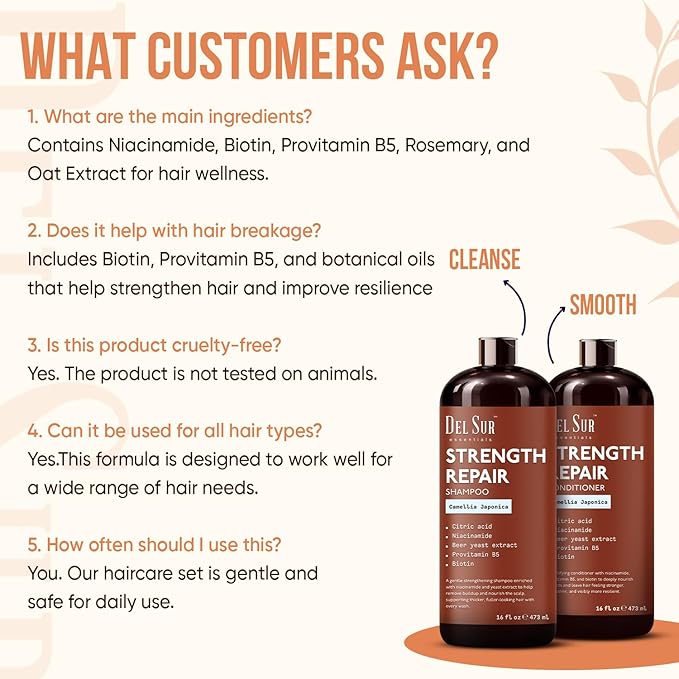 DEL SUR Hair Strengthening Shampoo and Conditioner Set | 16 fl oz Each | with Camellia Japonica, Niacinamide, Provitamin B5 & Biotin | Repair & Hydration for Dry, Weak Hair
