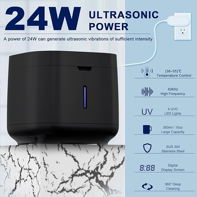 Ultrasonic Retainer Cleaner Machine, Dental Cleaning Pod for Dentures, Mouth Guard, Aligner, Night Guard, Jewelry, Braces, Ultra Sonic Cleaner for All Dental Appliances (Black)