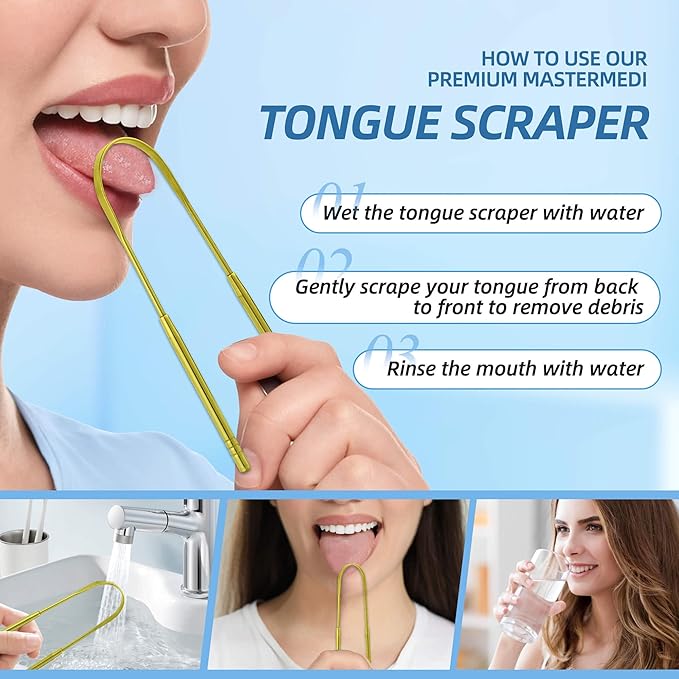 6 Pack Golden U-Shaped Tongue Scrapers - Reusable & Easy to Clean Tongue Scrubber with Travel Case for Adults & Kids - Medical-Grade 100% Stainless Steel Tongue Cleaner for Fresh Breath