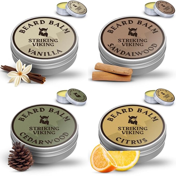 Striking Viking Beard Balm for Men - Pack of 4, 1 Oz Tins, Assorted Scents - Hydrating Balm & Moisturizer - Beard Butter Variety Pack