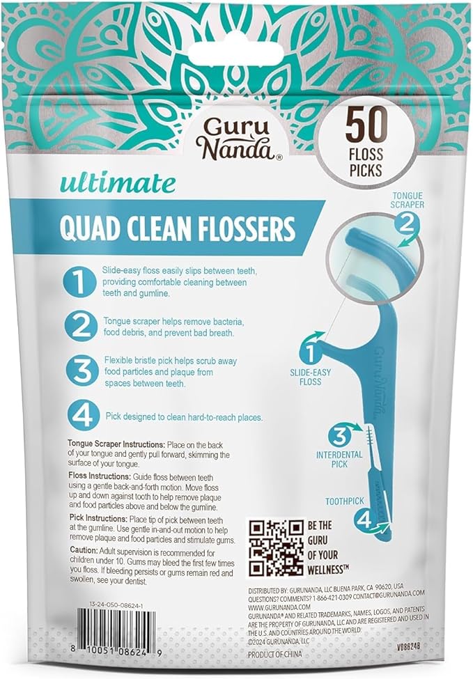 GuruNanda Quad Clean Floss Picks 4-in-1 with Tongue Scraper, Interdental Pik & Toothpick, Non-Shred Dyneema Thread, with Xylitol & Baking Soda, 50ct (Pack of 2)