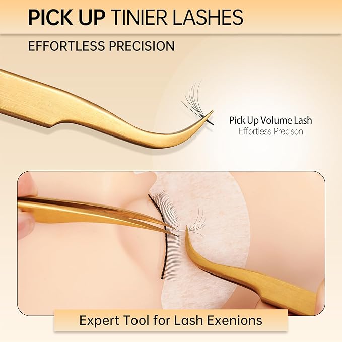 MGER Lash Tweezers for Eyelash Extension-Professional Lashing Tweezers for Mega Volume Mink Eyelashes Extensions Applying, Gold tweezers