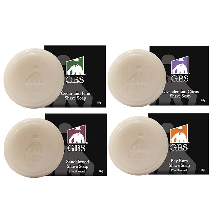 G.B.S Men’s Shaving Soap Pack 97% All Natural Enriched With Shea Butter & Glycerin, Creates Rich Lather Form, 3 Oz Each Nourishes Skin Smooth Clean Shave Pack of 4 Different Scents