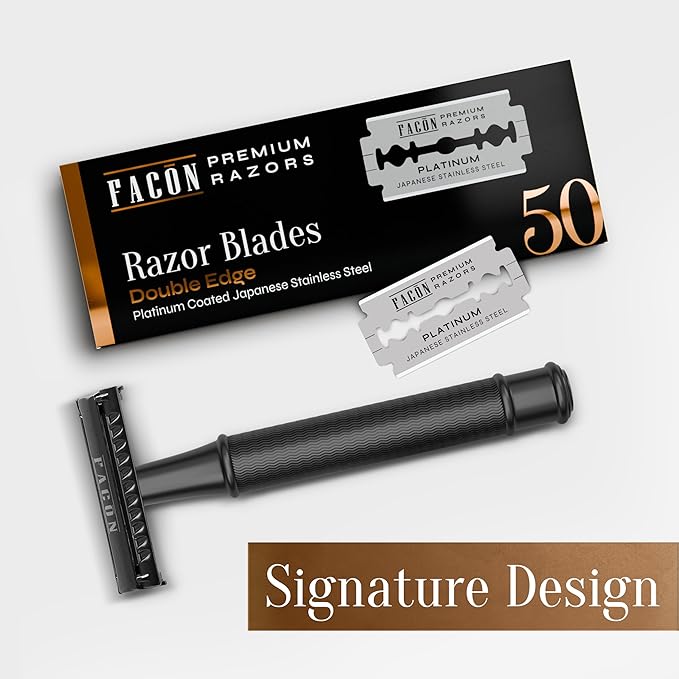 Facón Double Edge Safety Razor for Men & Women - Butterfly Open Stainless Steel Razor w/ 50 Platinum Double Edge Safety Razor Blades, Single Blade Razor for Smooth Close Shave, Reusable & Eco-Friendly