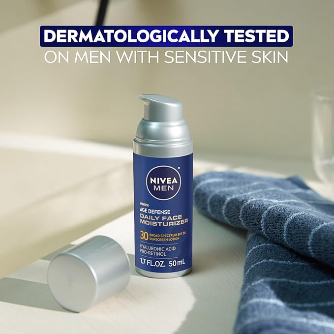 NIVEA MEN Age Defense Daily Face Moisturizer with Broad Spectrum SPF 30 Sunscreen, Pro-Retinol and Hyaluronic Acid, Beard-Friendly Face Lotion Helps Defend Against UVA/UVB Rays, 1.7 Fl Oz,(Pack of 2)