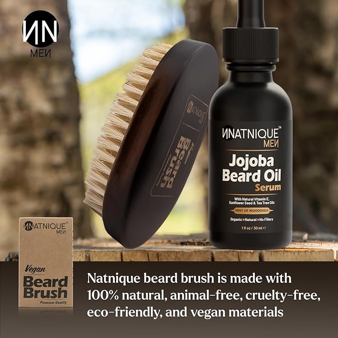 Natnique Vegan Beard Brush for Men, 100% Sisal Plant Bristles, Ergonomic Design with Natural Beachwood Handle - Men's Beard & Mustache Brush – 100% Natural, Non-Synthetic, Cruelty Free