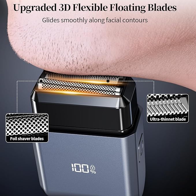 Mini Electric Foil Shaver for Men - Portable Travel Electric Razor for Face, IPX7 Waterproof, USB-C Rechargeable, LED Display, 3 Floating Blades, Wet/Dry for Travel & Home
