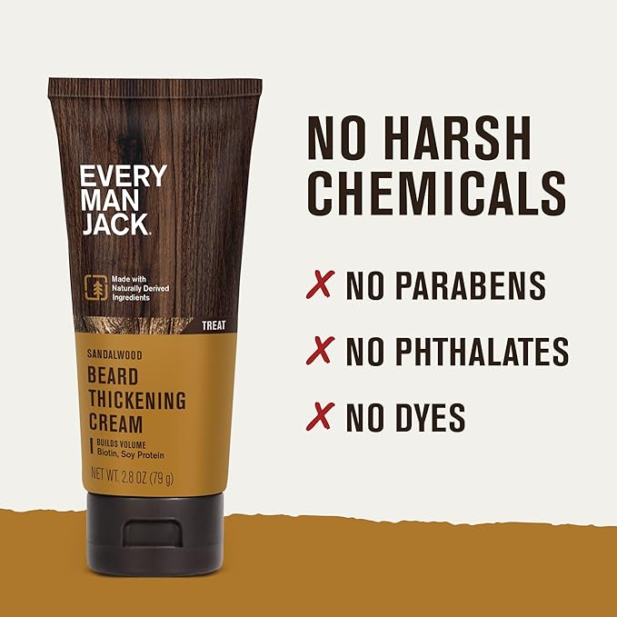 Every Man Jack Beard Thickening Cream - Strengthens, Thickens, Nourishes Beard - Light Sandalwood Scent - Made with Naturally Derived Ingredients like Biotin, Vitamin B6, Soy Protein - 2.8oz - 2 Pack