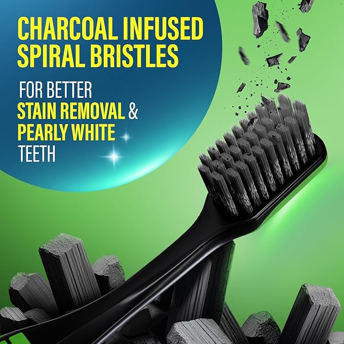 GuruNanda Gentle Giant Charcoal Toothbrush - Dual Action Flossing Spiral Bristles, Non-Slip Ergo Dexa Grip Handle, Helps in Teeth Whitening, BPA Free, 2ct (Pack of 3)
