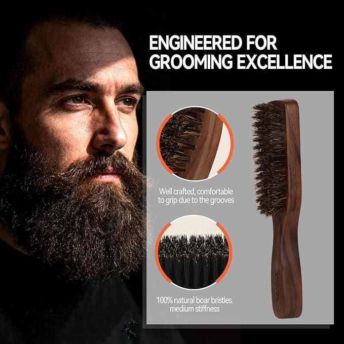 Boar Bristle Beard Brush for Men - Wooden Beard Brush and Slick Back Hair Brush with Metal Comb Keychain, Perfect for Home and Travel Use - Regular