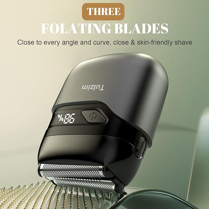 Electric Foil Shaver for Men: Mini Electric Razor for Face - IPX7 Waterproof Cordless Razor with LED Display - 3 Floating Blade USB-C Fast Rechargeable for Travel & Home - Carbon Gray