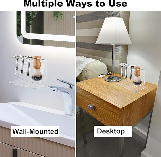 Beautyflier Safety Razor Stand, Clear Acrylic Razor Holder and Shaving Brush Stand, Men's Travel Shaver Stand Compatible with Most Razors and Brushes, Holds 3 Razors and 1 Brush (Stand Only)