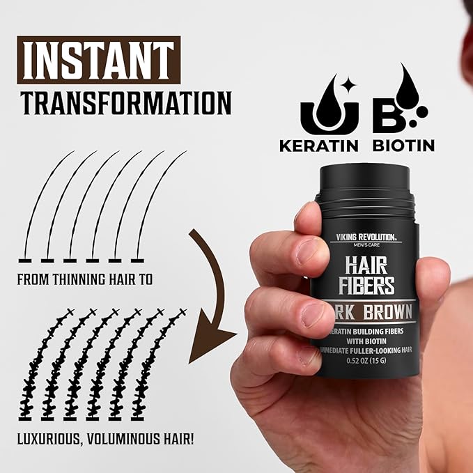 Viking Revolution Dark Brown Hair Fibers for Thinning Hair Men - Thick Fiber for Bald Spot Cover Up - Hair Building Fibers with Kerating and Biotin - Hair Fiber for Men for a Fuller Look (0.52oz)