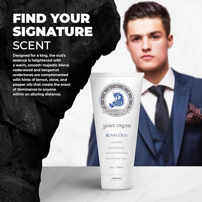 Bossman Liquid Silk Shave Cream for Men – Sensitive Skin Formula, Smooth Glide, & Soothing Protection – Moisturizing Finish (Royal Oud Scent)