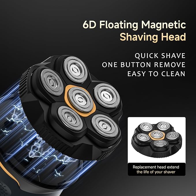 Head Shavers for Bald Men, 6D Magnetic Blade Razor with Led Display and USB-C Charging, Waterproof Wet/Dry Shaver for Men, with Storage Case and 1 Extra Replacement Head (Navy Blue)