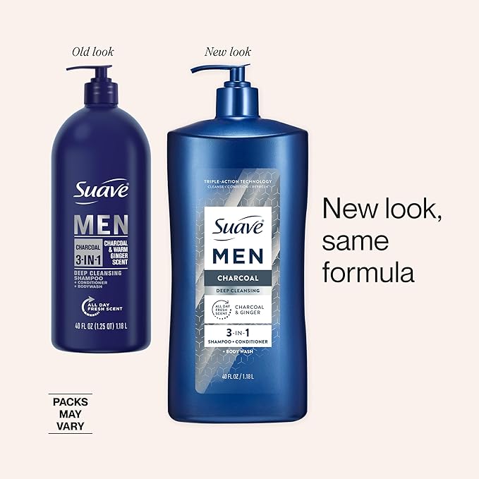 Suave Men Deep Cleansing 3 in 1 Shampoo, Conditioner & Body Wash with Charcoal Powder, Detoxifies & Cleanses Hair & Skin, Removes Oil & Impurities, 4 Count, 40 FL OZ Pump