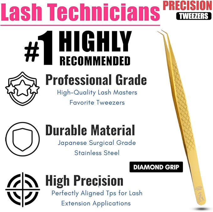 Curved Isolation Tweezers for Lash Extensions – Diamond Grip, Stainless Steel 14cm Best for Individual Isolation & Classic pinzas para pestaña (Gold titanium)