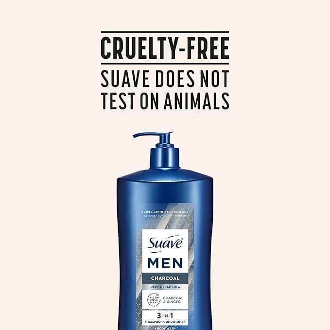 Suave Men Deep Cleansing 3 in 1 Shampoo, Conditioner & Body Wash with Charcoal Powder, Detoxifies & Cleanses Hair & Skin, Removes Oil & Impurities, 4 Count, 40 FL OZ Pump