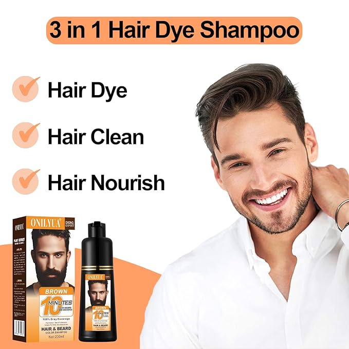 Men's Brown Beard Dye, Dark Brown Hair Dye for Gray Hair Coverage, 3 in 1 Hair Dye Shampoo, Mustache & Beard Dye for Men, Quick & Easy to Use at Home, Long Lasting Beard Color for Men 200ML