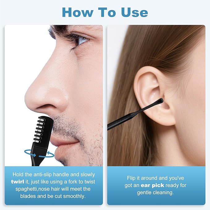 5PCS 2-in-1 Nasal Hair Cutter, Manual Nose Hair Trimmer Cutter with Ear Pick for Women & Men 360°Rotating Nose Hair Remover Grooming Tool Knife Razor Portable Nostril hair Trimmer Clipper (Black)