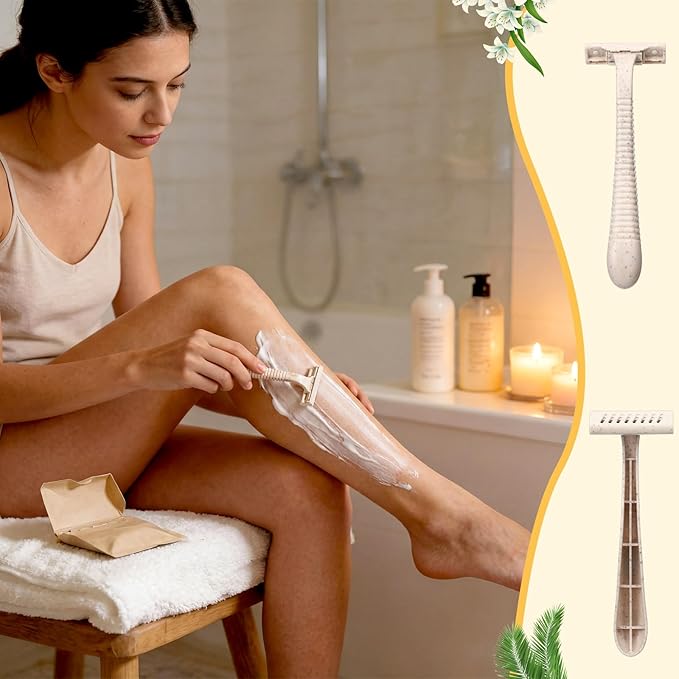 LemonRoad 100 Pcs Biodegradable Disposable Razors Bulk Individually Wrapped for Women Men Portable Twin Blade Wheat Straw Shavers for Hotel, Homeless, Shelter, Charity, Camping and Travel