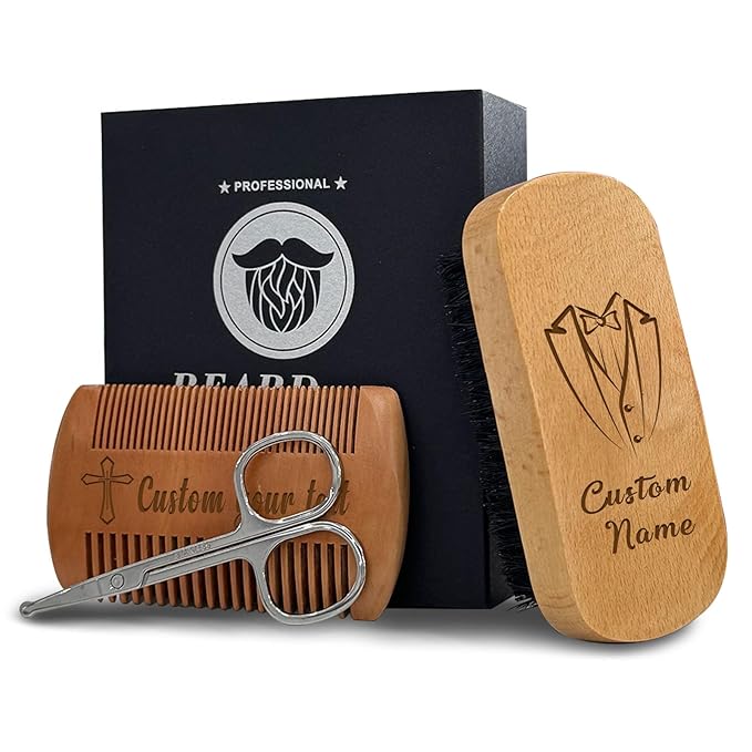 Personalized Beard Brush for Men & Beard Comb Set Natural Boar Bristle Brush and Dual Action Pear Wood Comb with Custom Name Text Icon Gift for Dad Groomsmen Boyfriend (beard comb and brush)