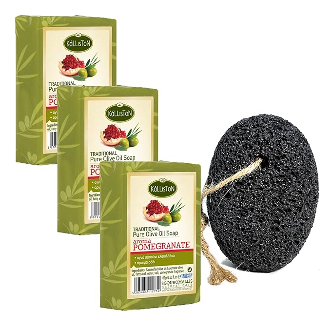 Kalliston, Pomegranate olive soap bar with volcanic Pumice Stone, hypoallergenic, moisturising, all-natural soap from Greece, Pack of 4