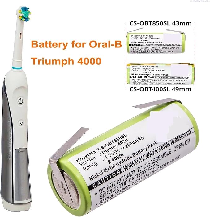 2000mAh Battery ，Compatible With Oral-B Triumph 4000 - High Capacity Replacement, Please Note Sizes