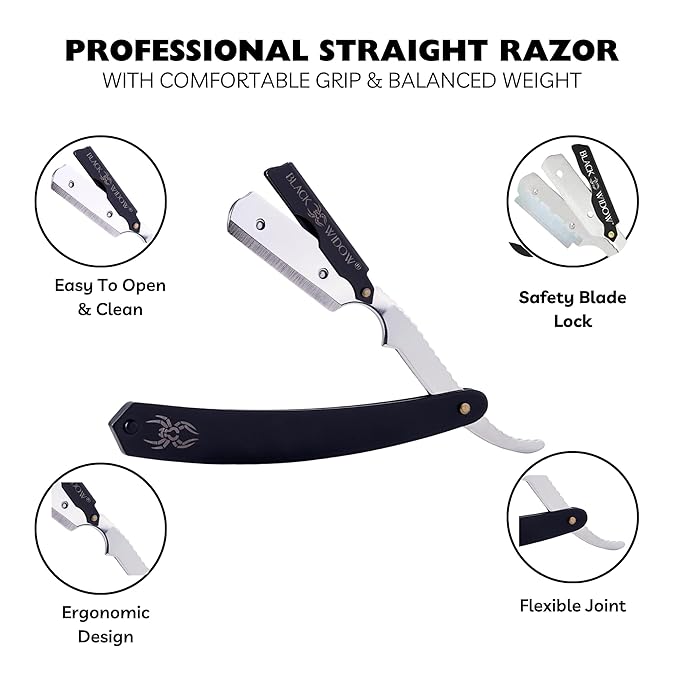Black Widow Professional Barber Straight Edge Razor – Stainless Steel Shavette, 1.5 mm Blade Exposure, Matte Black & chrome, 10 Double Edge Blades (20 Single-Edge) for Lineups & Beard Shaping